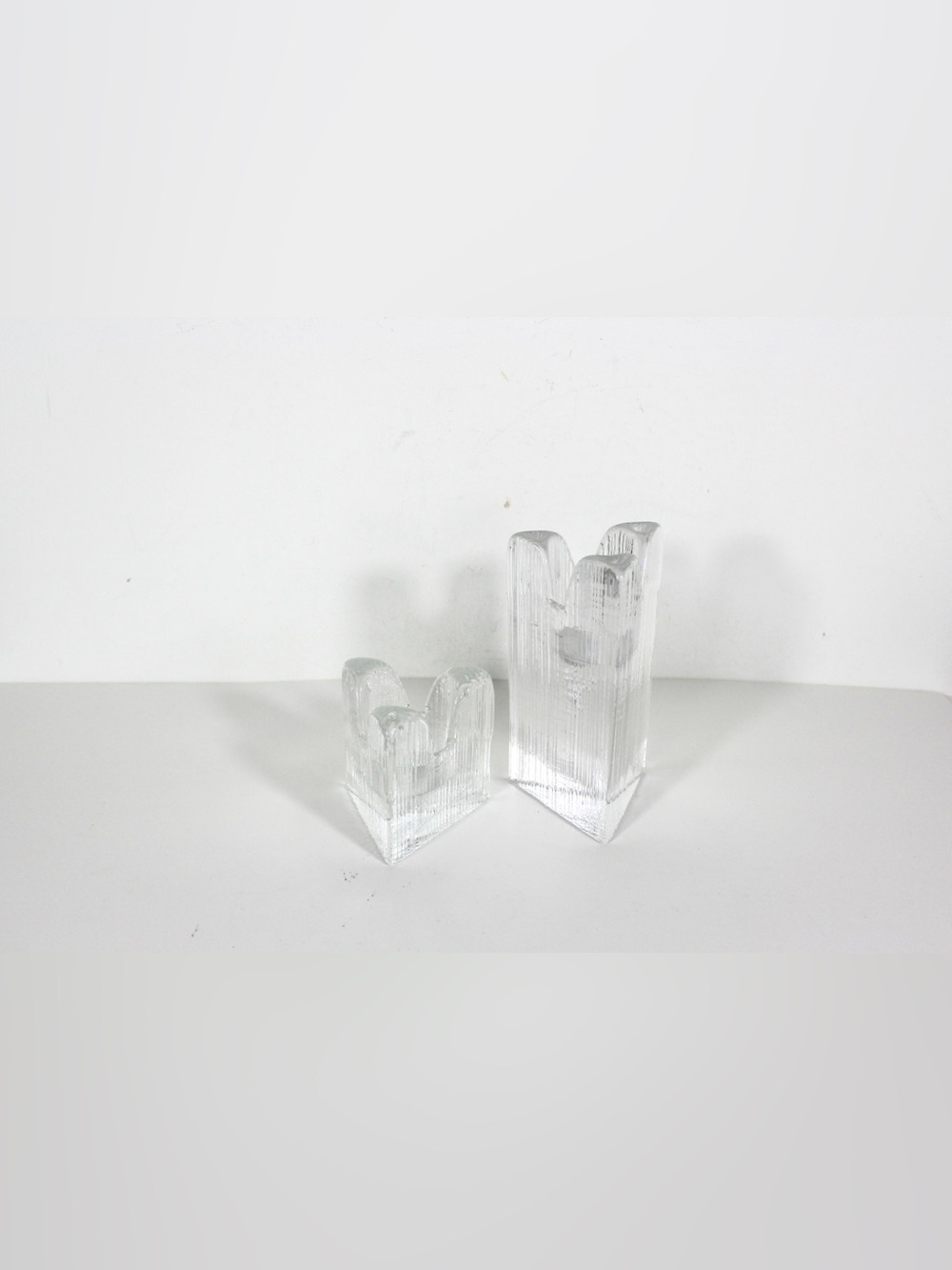 Pair of KOSTA BODA SWEDEN “Skyline” Fluted Triangular Art Glass Candleholder